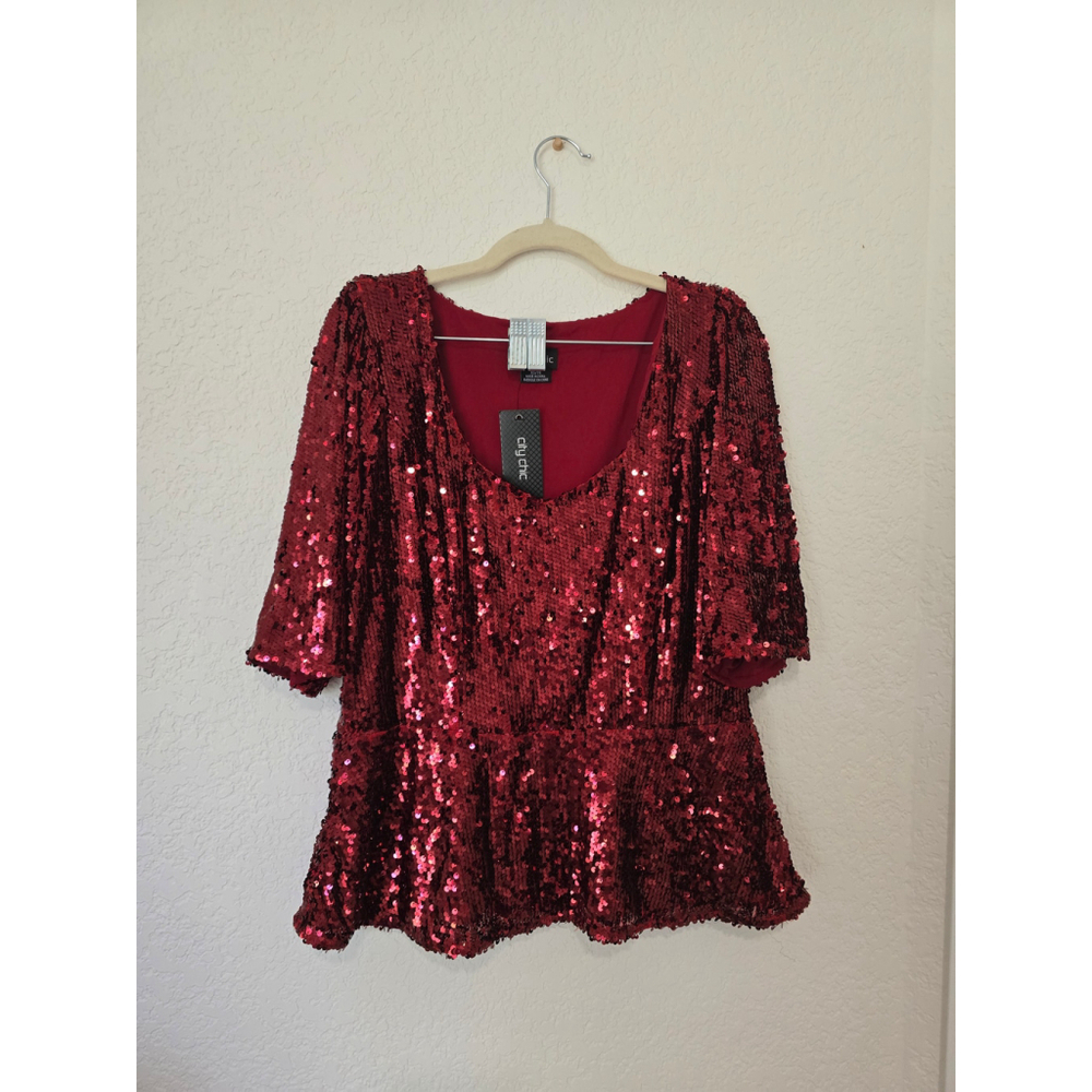 NWT but Flawed City Chic Red Sequin Puff Sleeve Peplum Top Size 14 - Picture 6 of 6